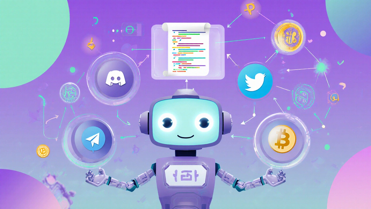 Illustration d&#039;un robot automatisant des actions d&#039;airdrop, connectant icônes Telegram, Discord et contrats intelligents.