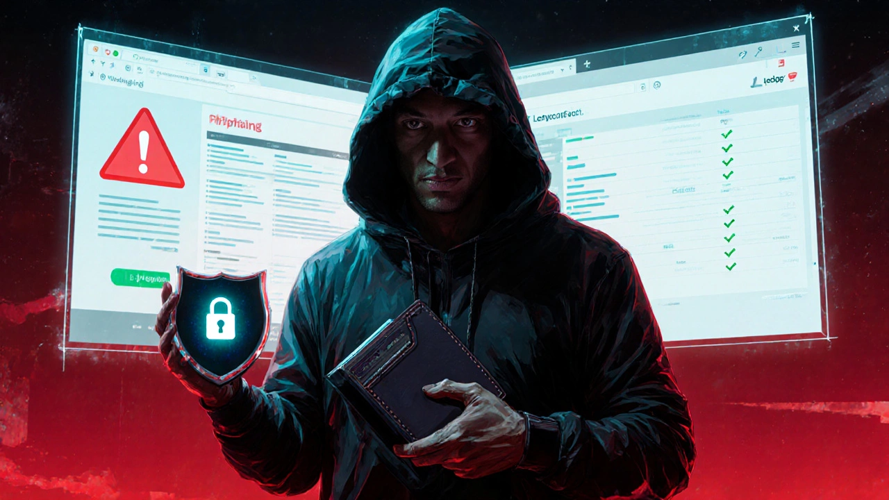 Scène cyberpunk montrant un utilisateur protégeant son portefeuille matériel face à un site de phishing et un explorateur de contrats sûrs.
