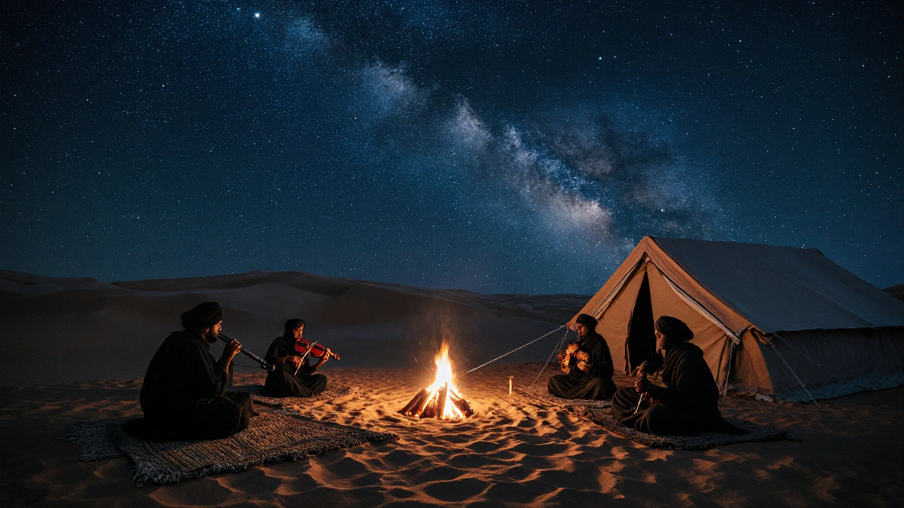 Camp touareg dans le désert de Tamanrasset sous un ciel étoilé.
