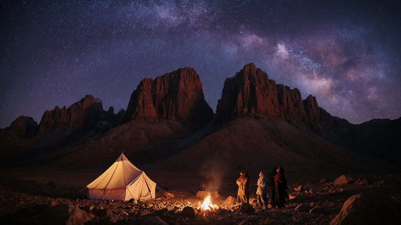 Campement nocturne dans les montagnes du Hoggar sous un ciel étoilé et la Voie lactée.