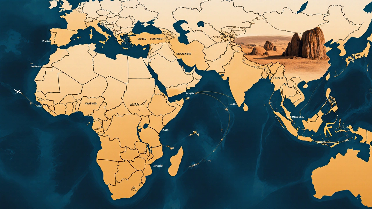 Carte de l&#039;Afrique du Nord et de l&#039;Ouest avec les pays exemptés de visa pour l&#039;Algérie, routes et désert en arrière-plan.