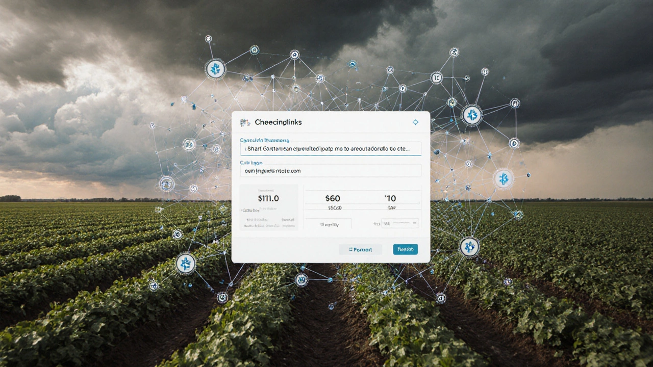 Champ agricole où un contrat intelligent paie automatiquement un agriculteur grâce à des données météo vérifiées.