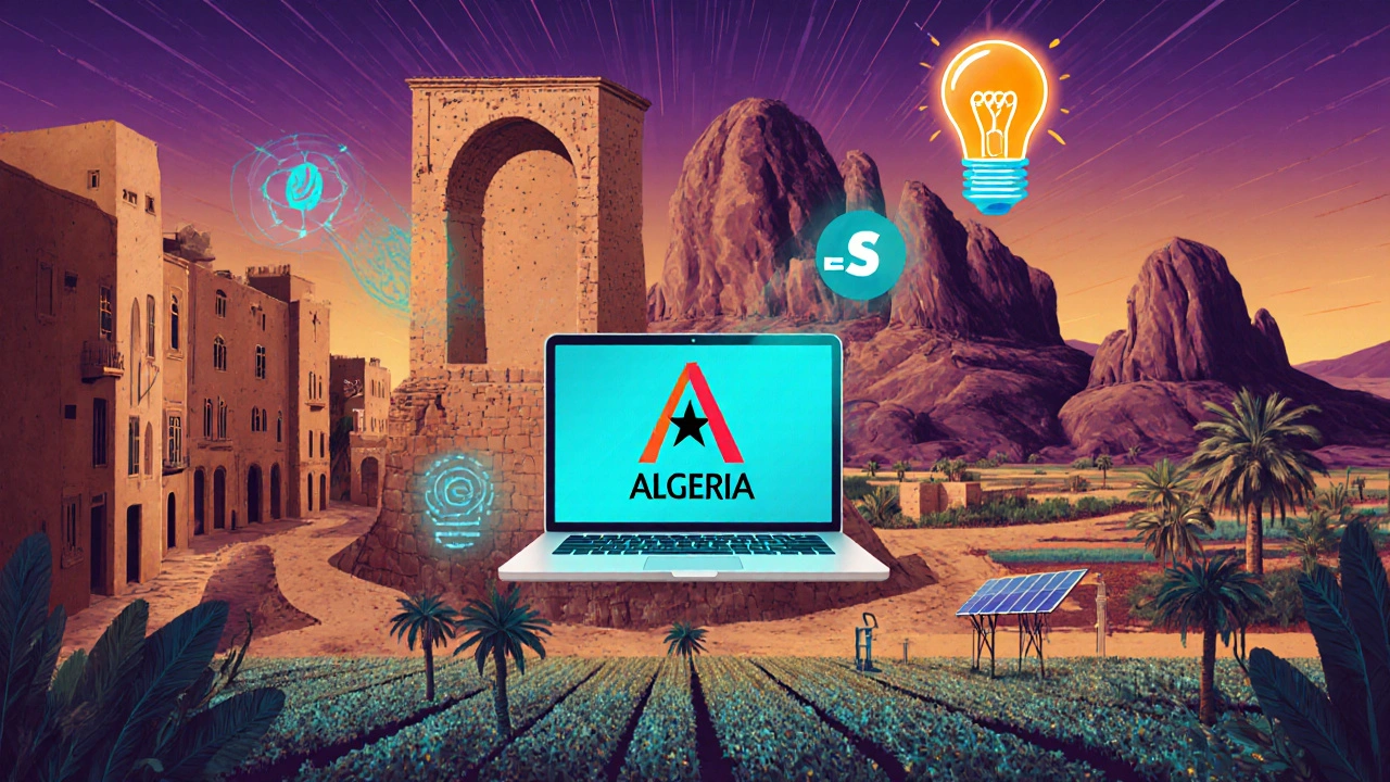 Collage des sites UNESCO, start‑ups et oasis agricole algérienne.