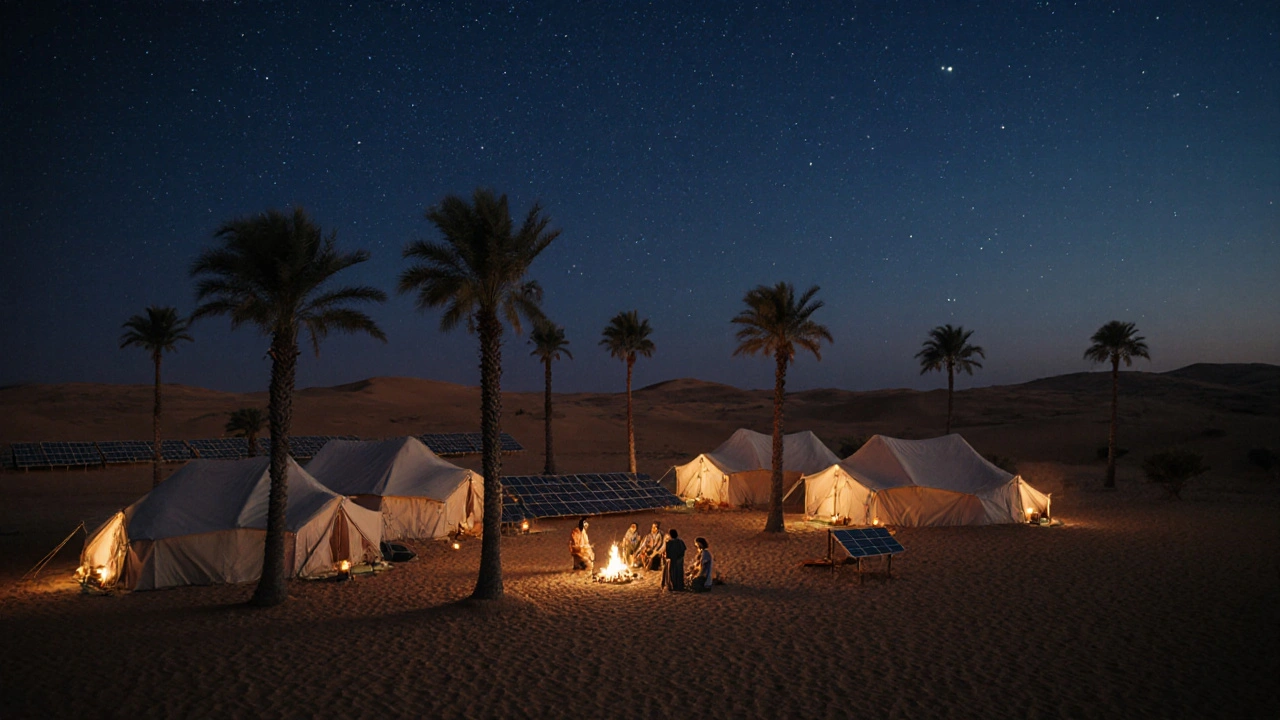 Eco‑camp at dusk with solar panels, lanterns and tourists listening to a guide.