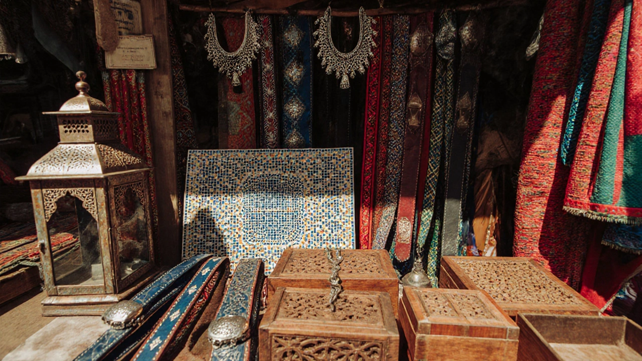 Étal du souk montrant cuivre, argent, cuir, zellige, tissus et bois traditionnels.