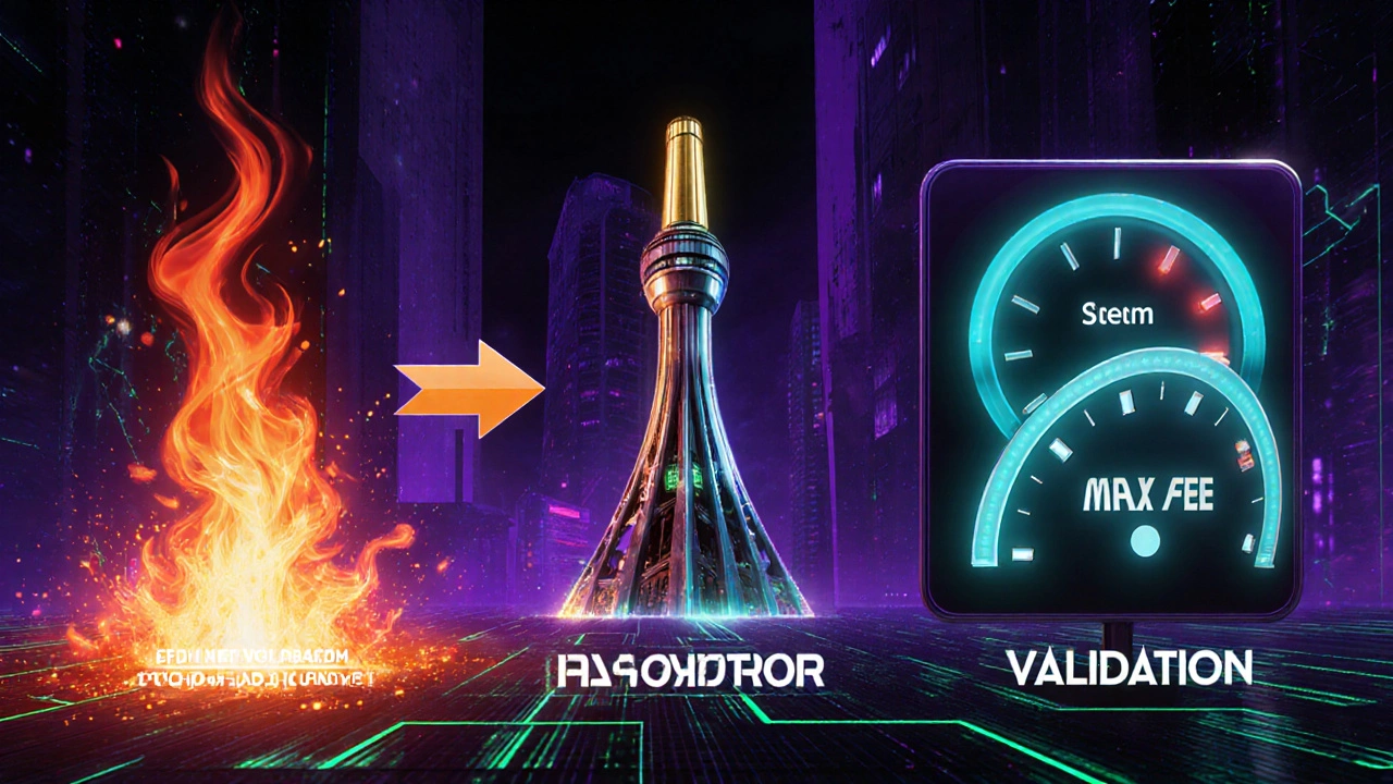 Flux de transaction montrant la base fee brûlée, le tip vers le validateur et la limite max fee.
