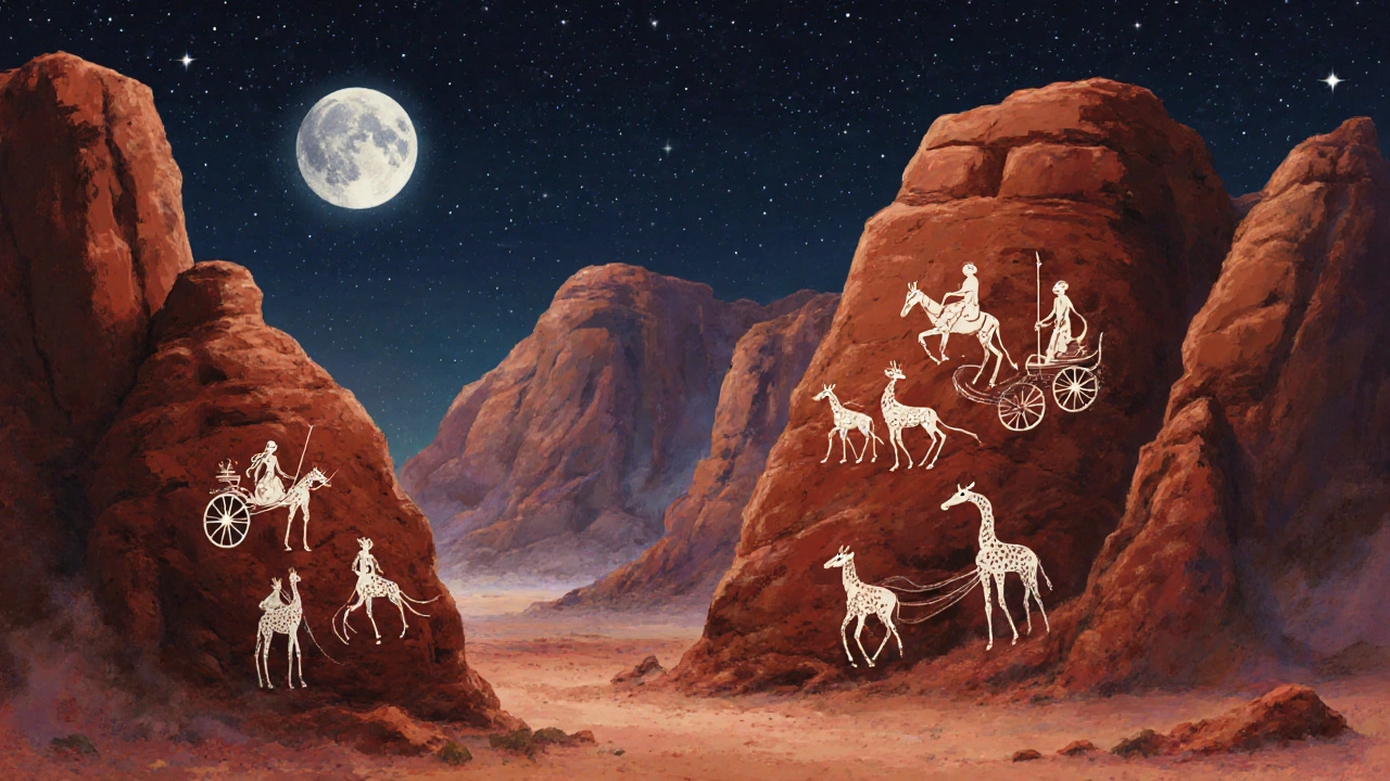 Gravures rupestres anciennes sur un cliff rouge sous un ciel étoilé.