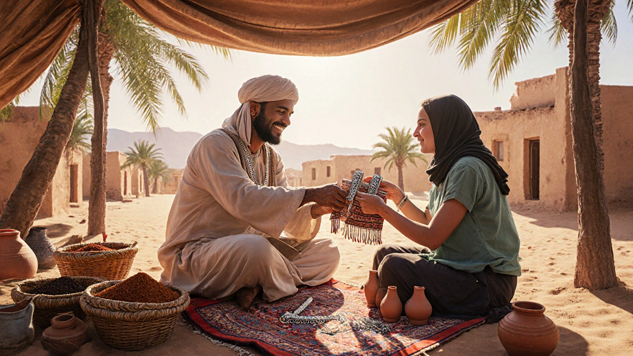Guide berbère offrant un tapis et des bijoux en argent à un voyageur près d'une oasis, avec des épices et des poteries en arrière-plan.