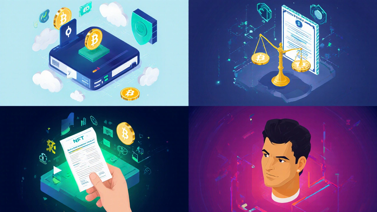 Illustration montrant quatre types de tokens : utilité, sécurité, gouvernance et NFT.