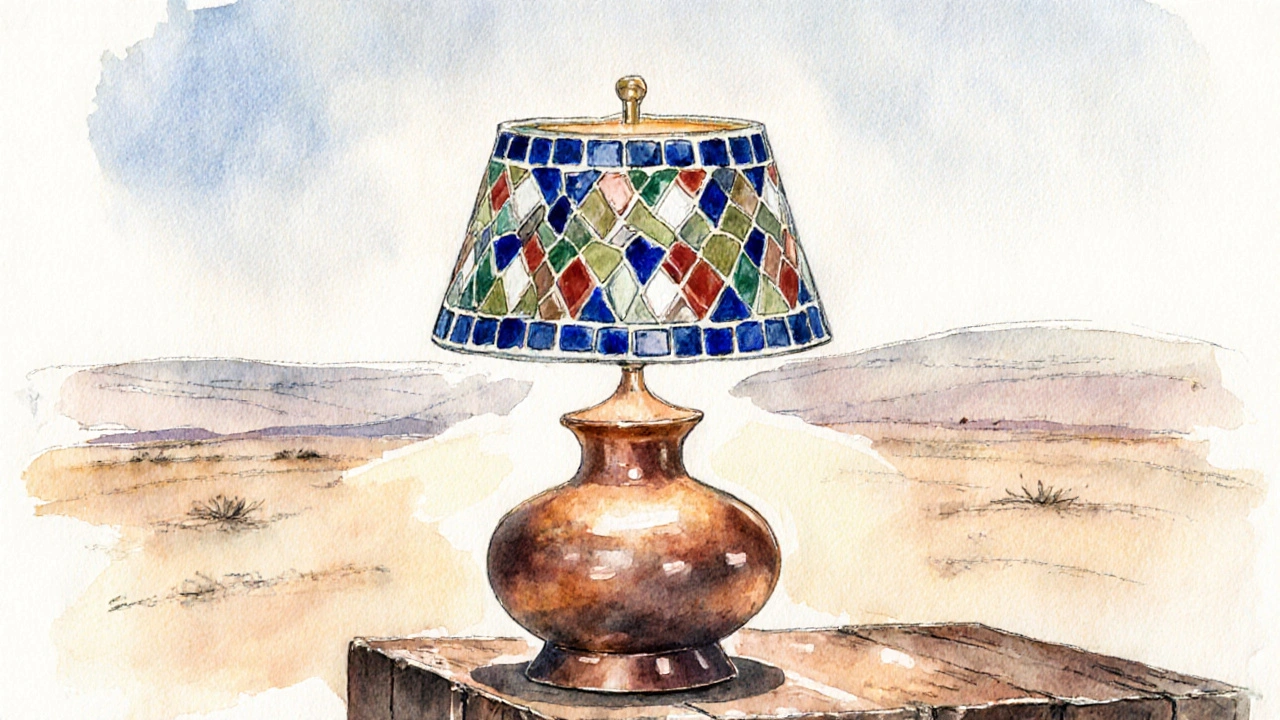 Lampe en cuivre ornée de zelliges colorés, lumière chaude diffusée.