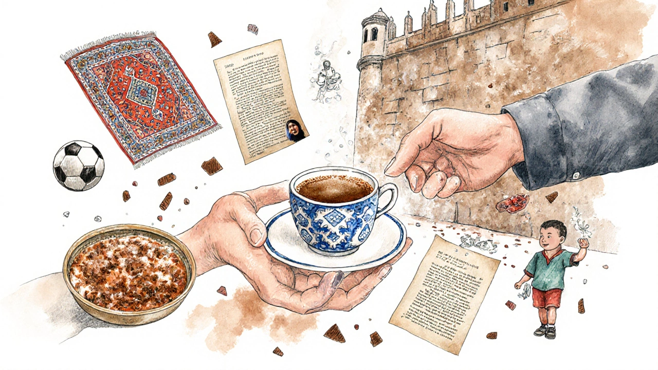 Main offrant une tasse de café turc entourée d&#039;éléments symboliques de la culture algérienne : tapis, épices et livre.