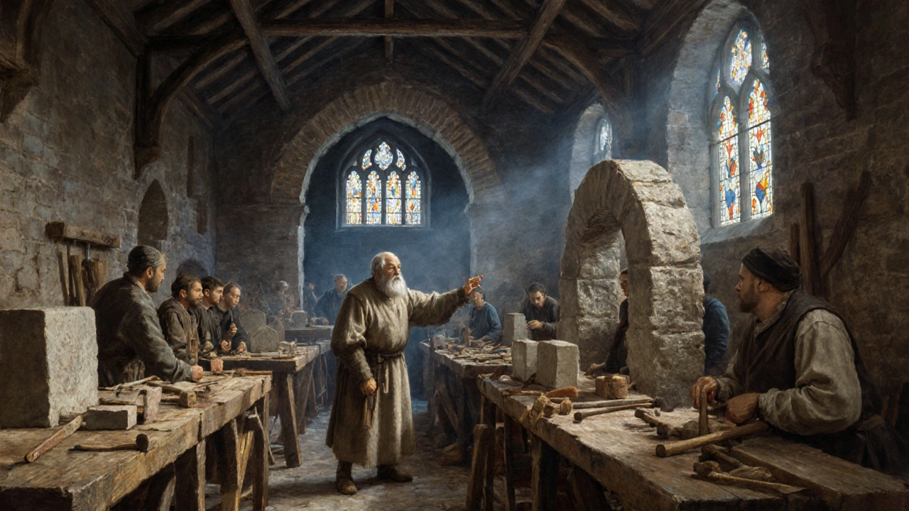 Maîtres artisans médiévaux travaillant le bois et la pierre dans une salle de guilde.