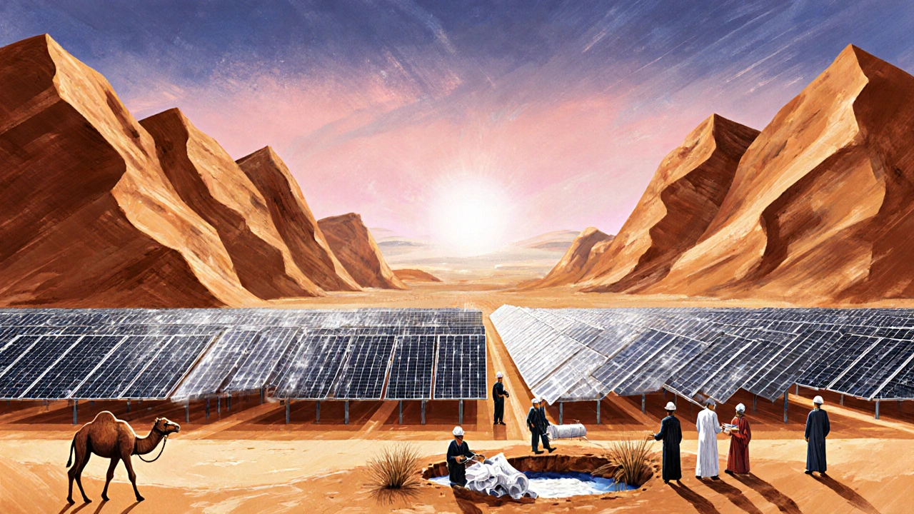Parc solaire de Tamanrasset au lever du soleil sur dunes, avec travailleurs locaux.