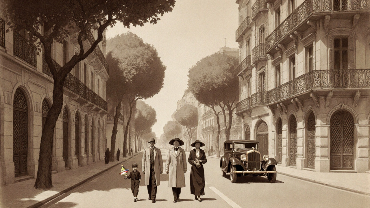 Rue coloniale d&#039;Alger en sépia montrant bâtiments européens et famille de Pieds‑Noirs.