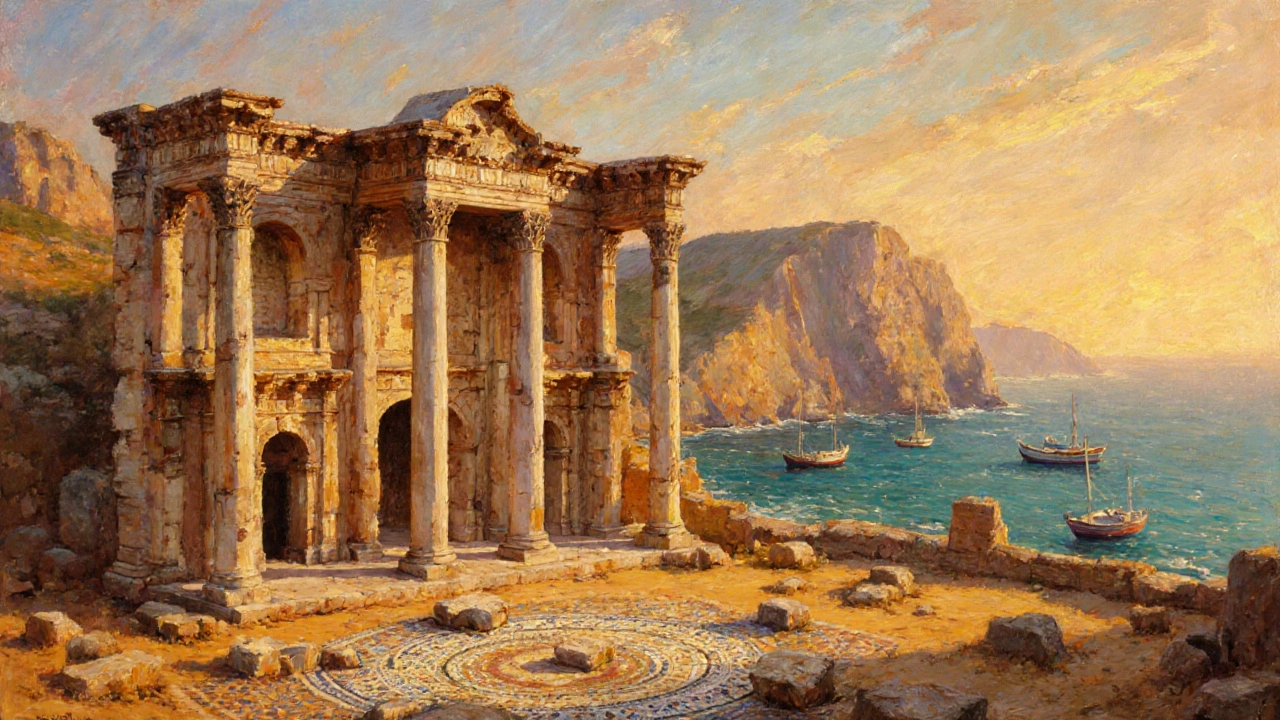 Ruines romaines de Tipaza au soleil couchant, bord de mer.