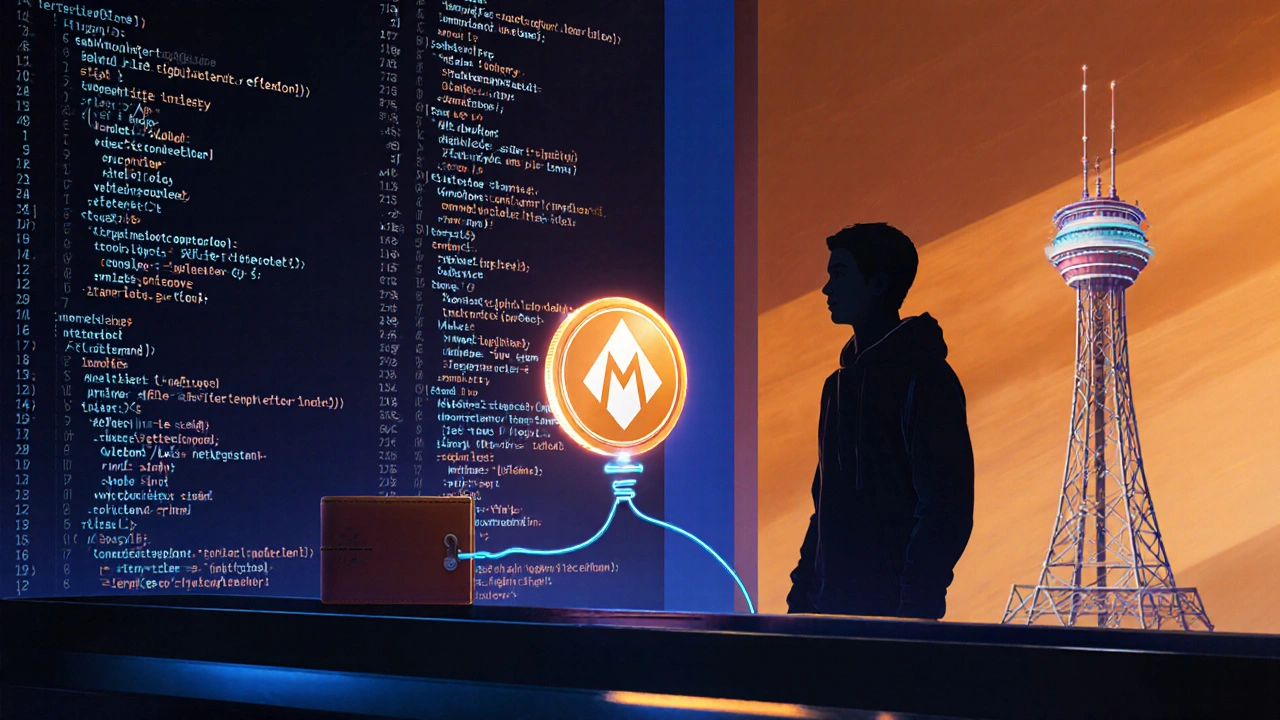 Scène futuriste d&#039;un développeur déployant un token avec du code holographique.