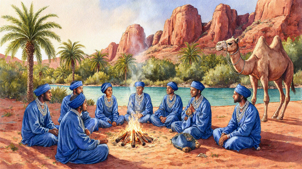 Touareg caravan at Timimoun oasis with blue garments, camels and palm trees.