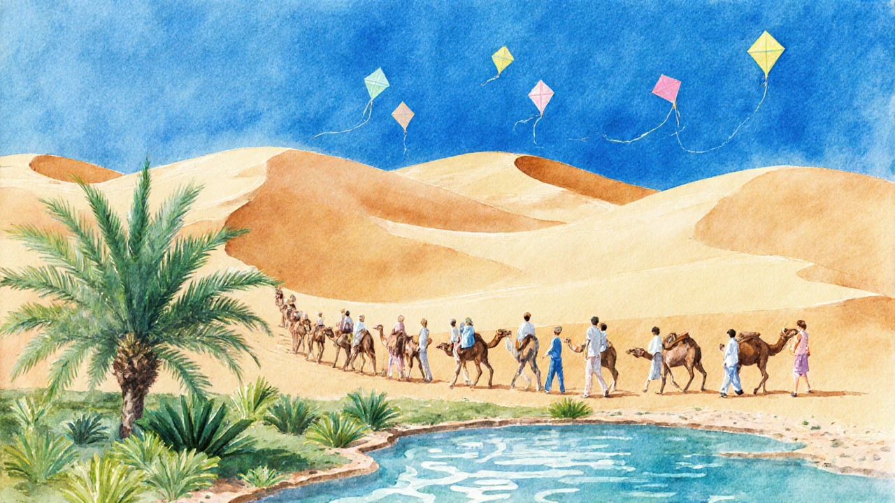 Trek printanier à dos de chameau près d&#039;une oasis verdoyante, kites colorés dans le ciel.