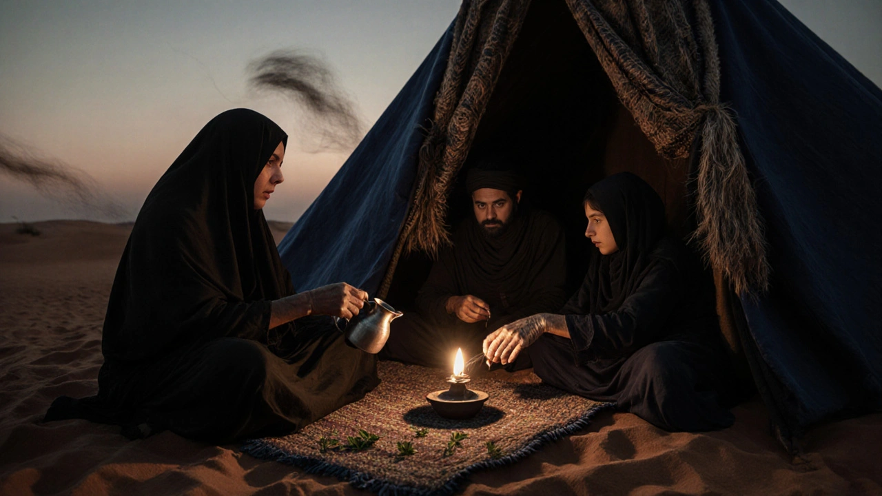 Une famille touarègue partageant du thé à la menthe dans une tente traditionnelle.
