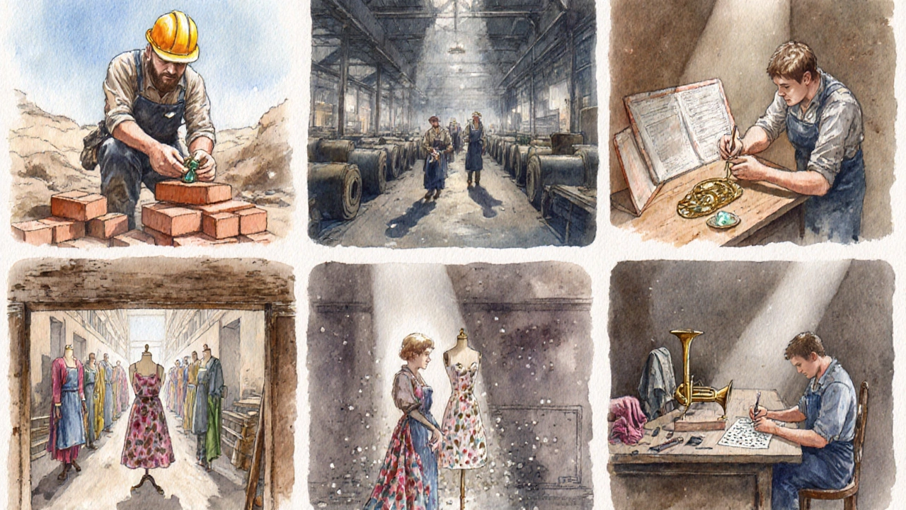 Vignettes illustrant ouvriers, fabricant, créateur, technicien et autres métiers liés à l&#039;artisanat.