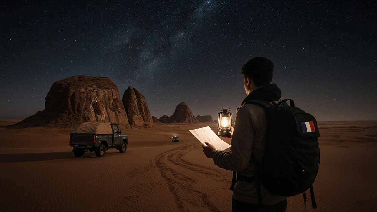 Voyageur contemplatif au bord des peintures rupestres du Tassili n’Ajjer, sous un ciel étoilé, lanterne allumée.