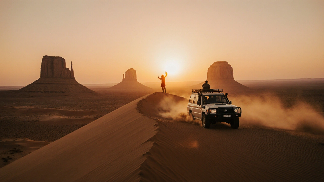 Voyageur silhouetté au sommet d'une dune au lever du soleil, avec un 4x4 en arrière-plan dans le désert algérien.