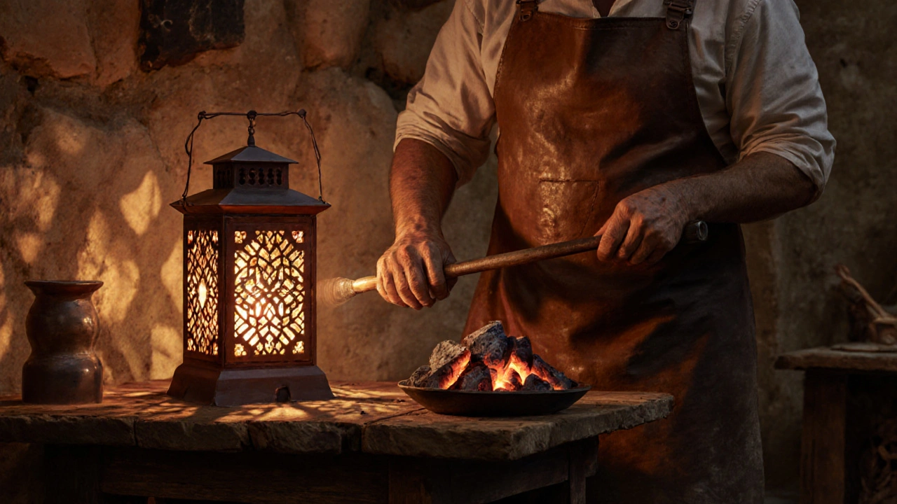 Artisan martelant une lampe en cuivre aux motifs andalous, dans un atelier aux lumières chaudes.