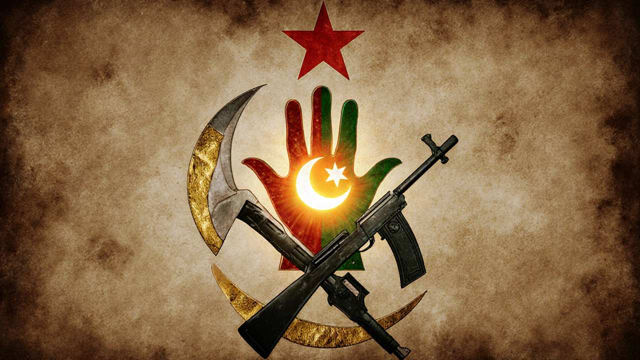 Blason national de l&#039;Algérie : main de Fatima, croissant, étoile, fusil et faucille sur fond ancien.