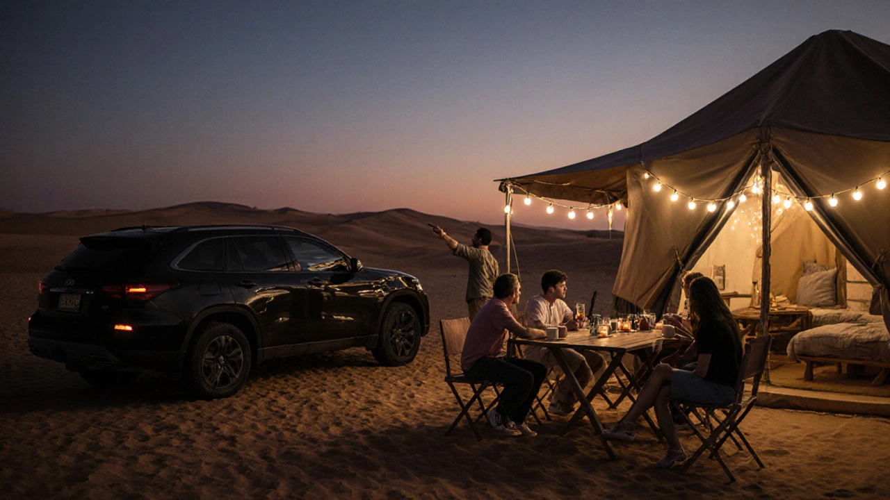 Campement touristique moderne au Sahara algérien avec des 4x4 et des lumières LED, invités profitant du coucher du soleil.