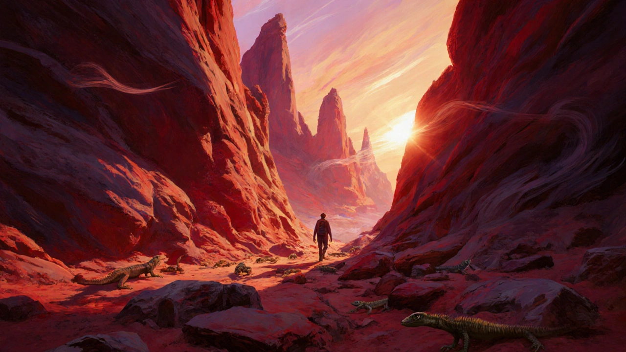 Canyons rouges du Tadrart Rouge au coucher du soleil, un voyageur solitaire dans la gorge.