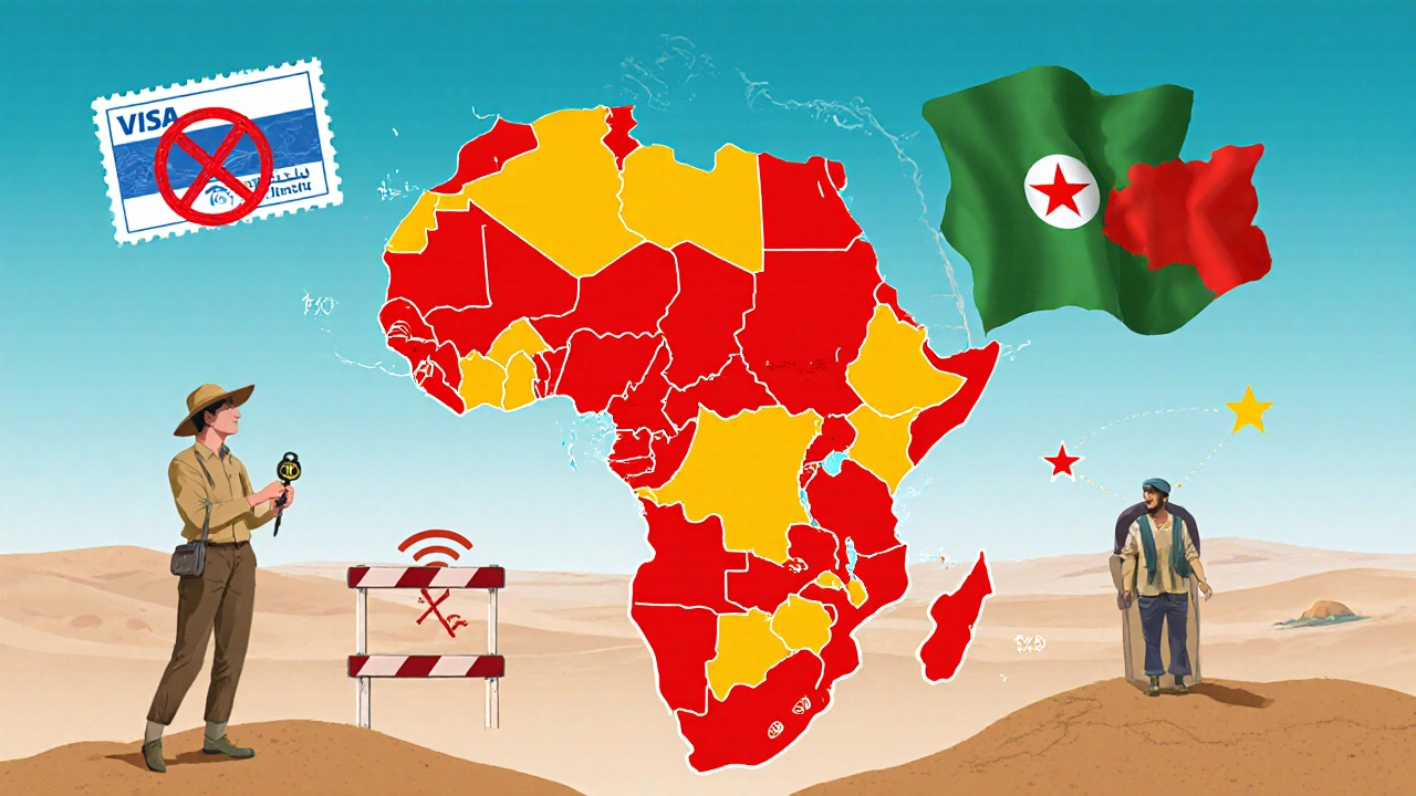 Carte conceptuelle de l&#039;Afrique du Nord où l&#039;Algérie apparaît isolée, entourée de symboles de barrières touristiques.