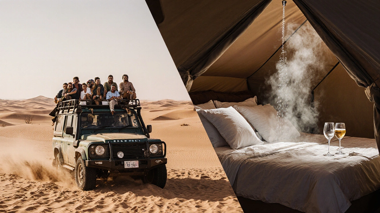 Comparaison visuelle : voyage basique à gauche, luxe à droite, tous deux dans le même désert algérien.