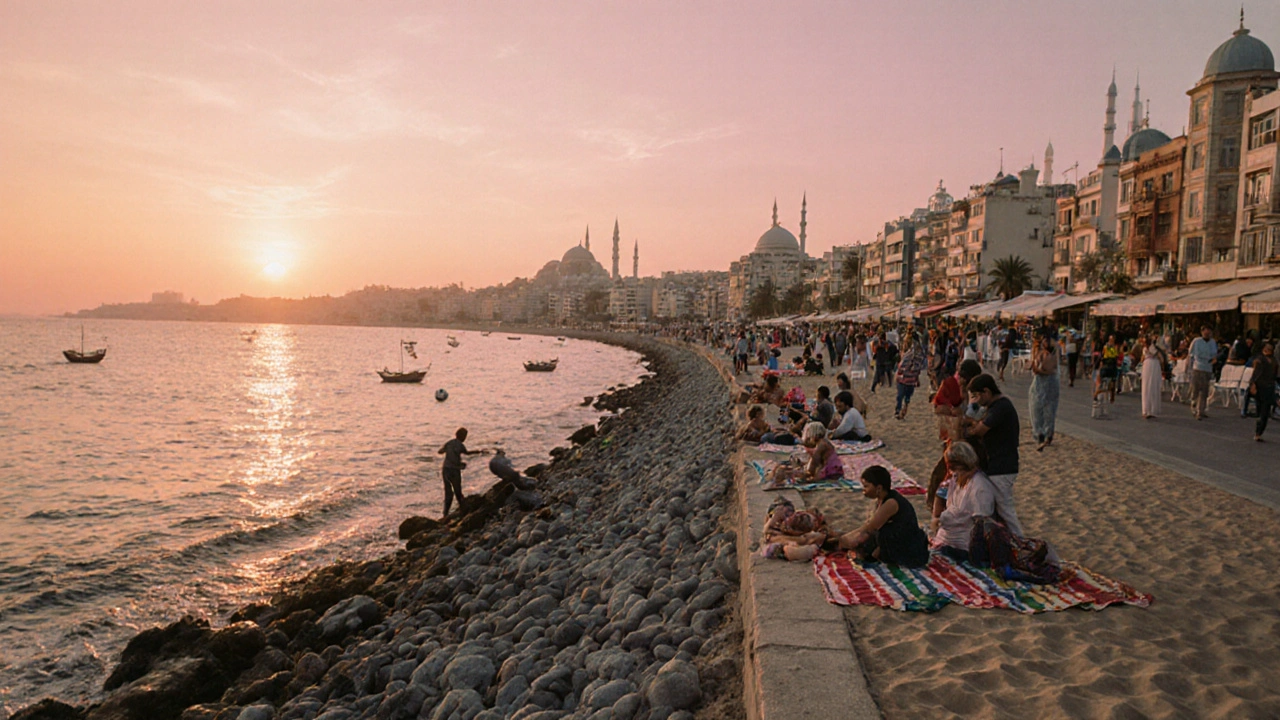 Corniche d&#039;Alger au coucher du soleil, familles piqueniquant, jeunes jouant au football et pêcheurs avec leurs filets.