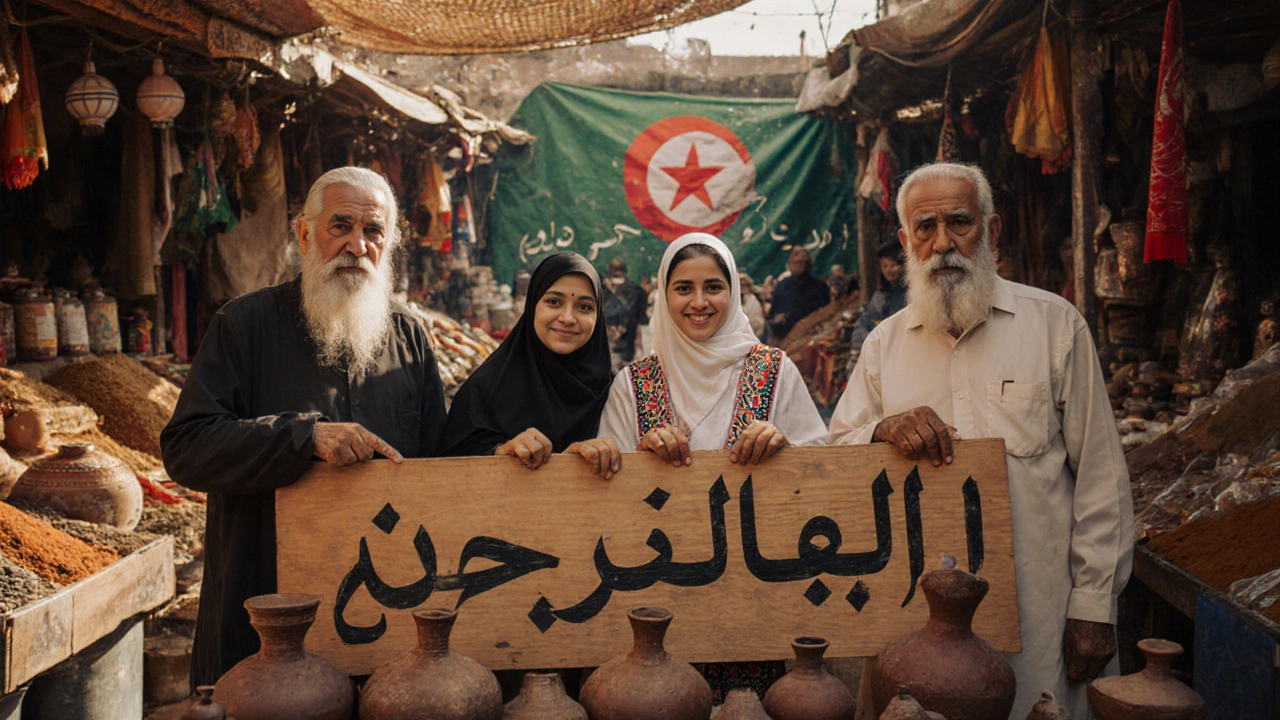 Des Algériens diversifiés pointent fièrement vers un panneau arabe &#039;الجزائر&#039; dans un marché animé.