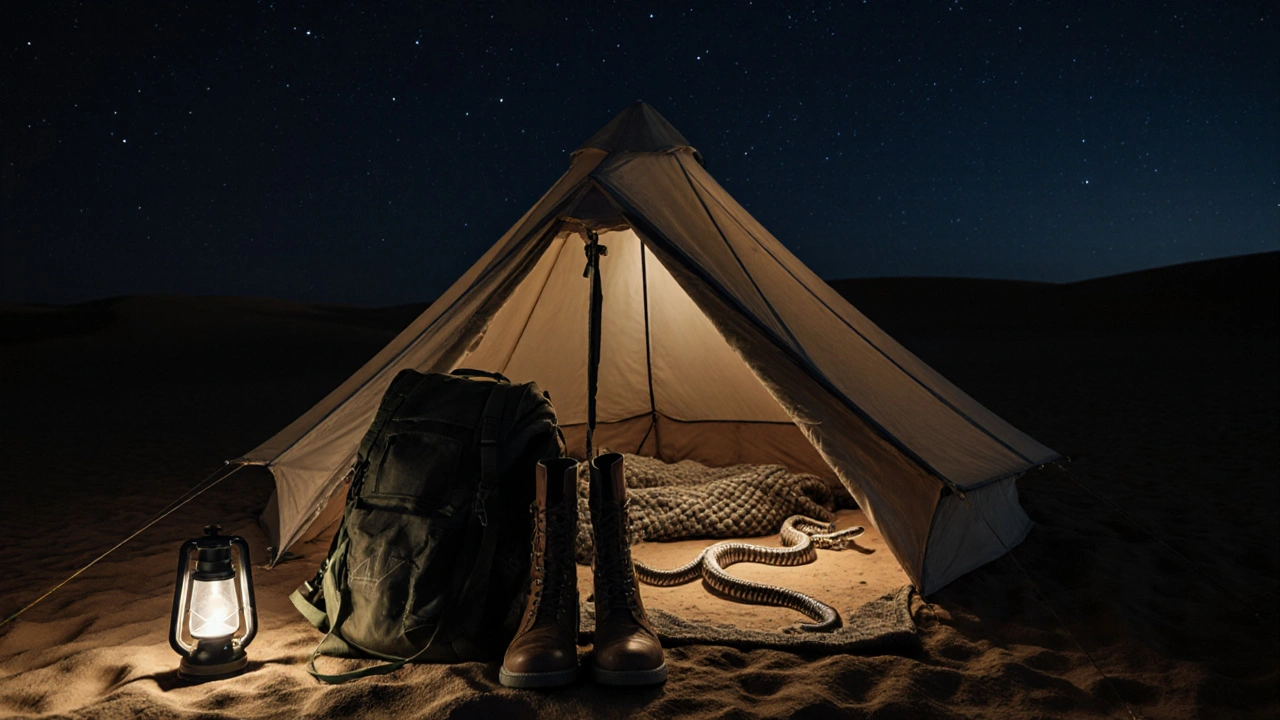 Des bottes et un sac de voyage posés près d&#039;une tente, avec un serpent caché sous une couverture et dans une chaussure.
