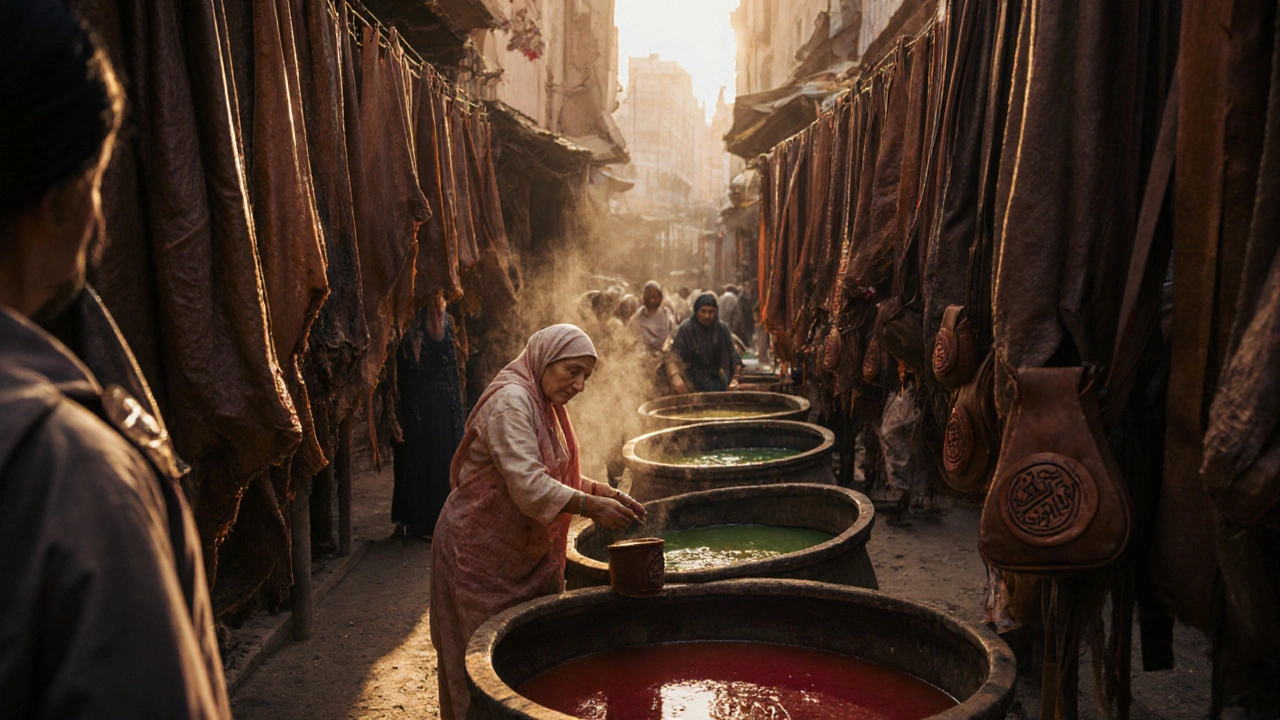 Des femmes traitent des peaux de chèvre avec des teintures naturelles dans un souk de cuir de Tlemcen.