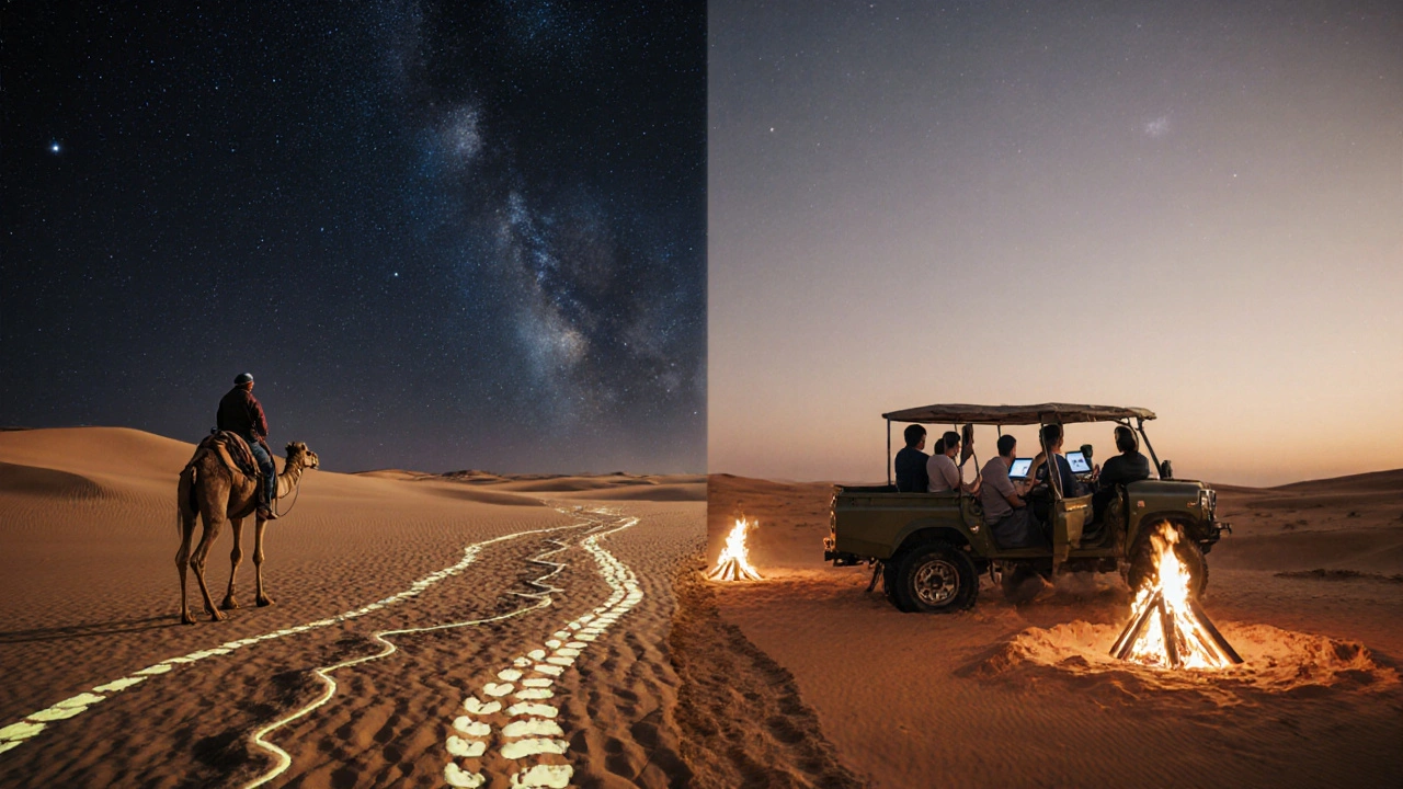 Deux chemins dans le désert : un voyage traditionnel sous les étoiles et un voyage touristique avec écrans, séparés par une empreinte dans le sable.