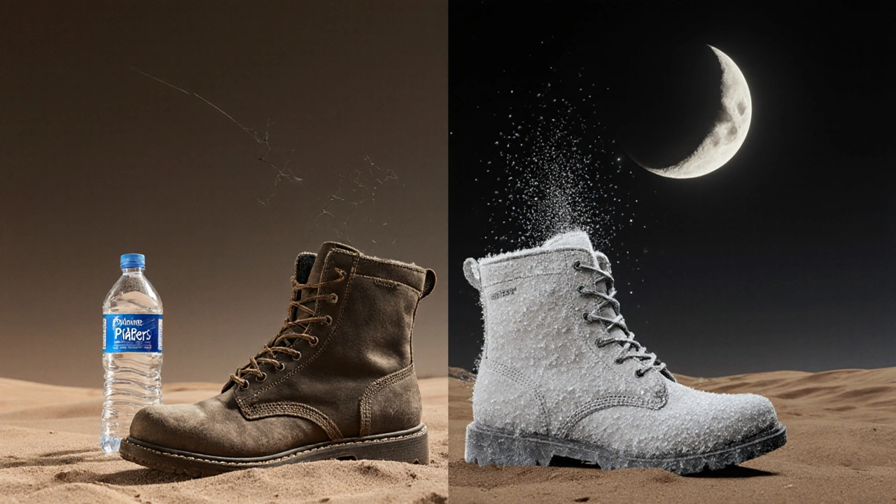 Deux paires de bottes dans le sable : l&#039;une chauffée par le jour, l&#039;autre gelée par la nuit.