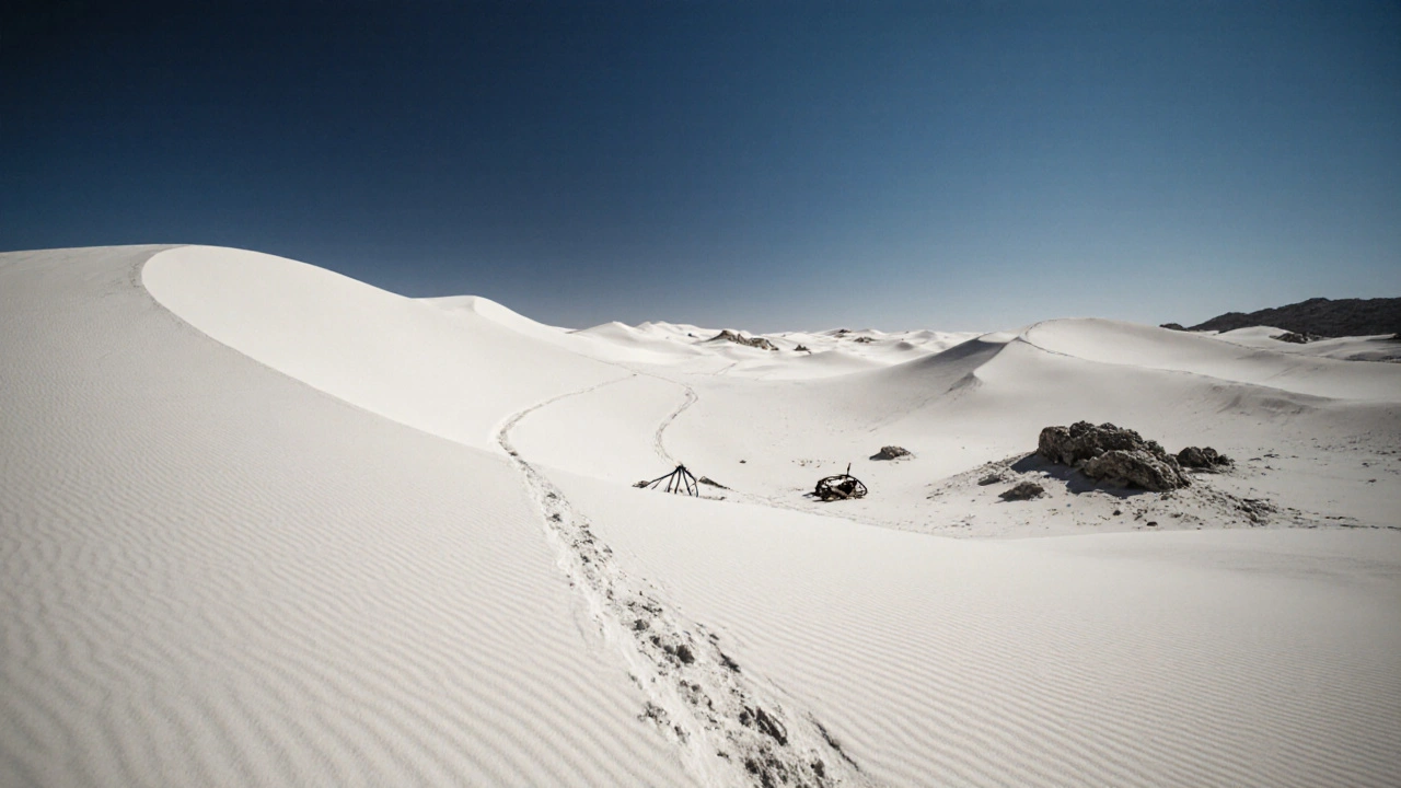 Dunes en croissant du Grand Erg Occidental sous un ciel bleu, avec des traces de tournage cinématographique.