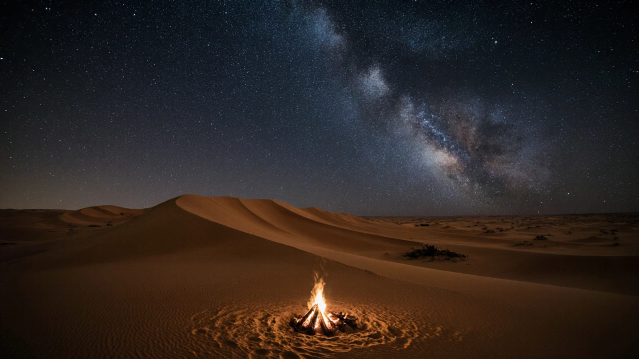 Dunes infinies d’Erg Chigaga sous la Voie lactée, avec un feu de camp berbère en premier plan.