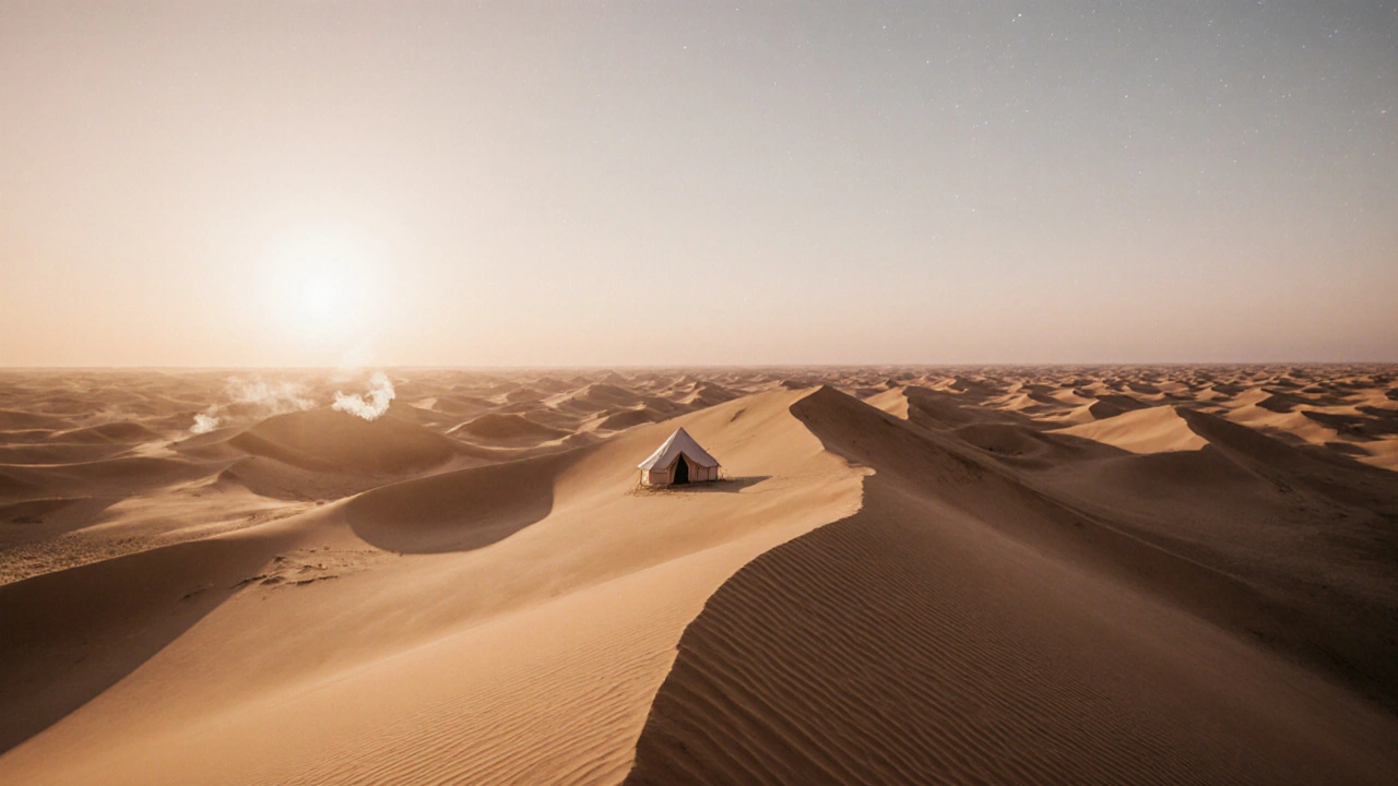 Dunes infinies du Grand Erg Oriental au coucher du soleil, avec des ombres géométriques parfaites.