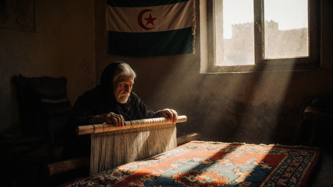 Femme âgée tissant un tapis kabyle aux motifs géométriques traditionnels sous une lumière douce.