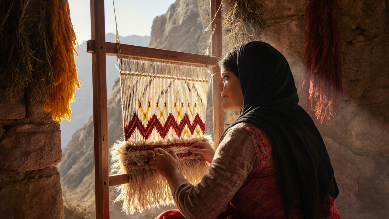 Femme kabyle tissant un tapis aux motifs symboliques sur un métier à bras traditionnel.