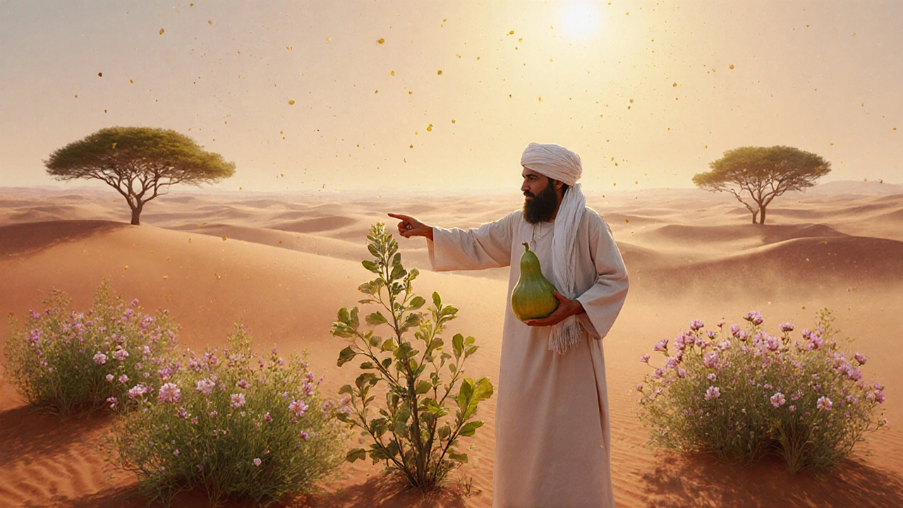 Fleurs sauvages éclosent parmi les dunes du Sahara en mars, un guide berbère montre une plante médicinale.