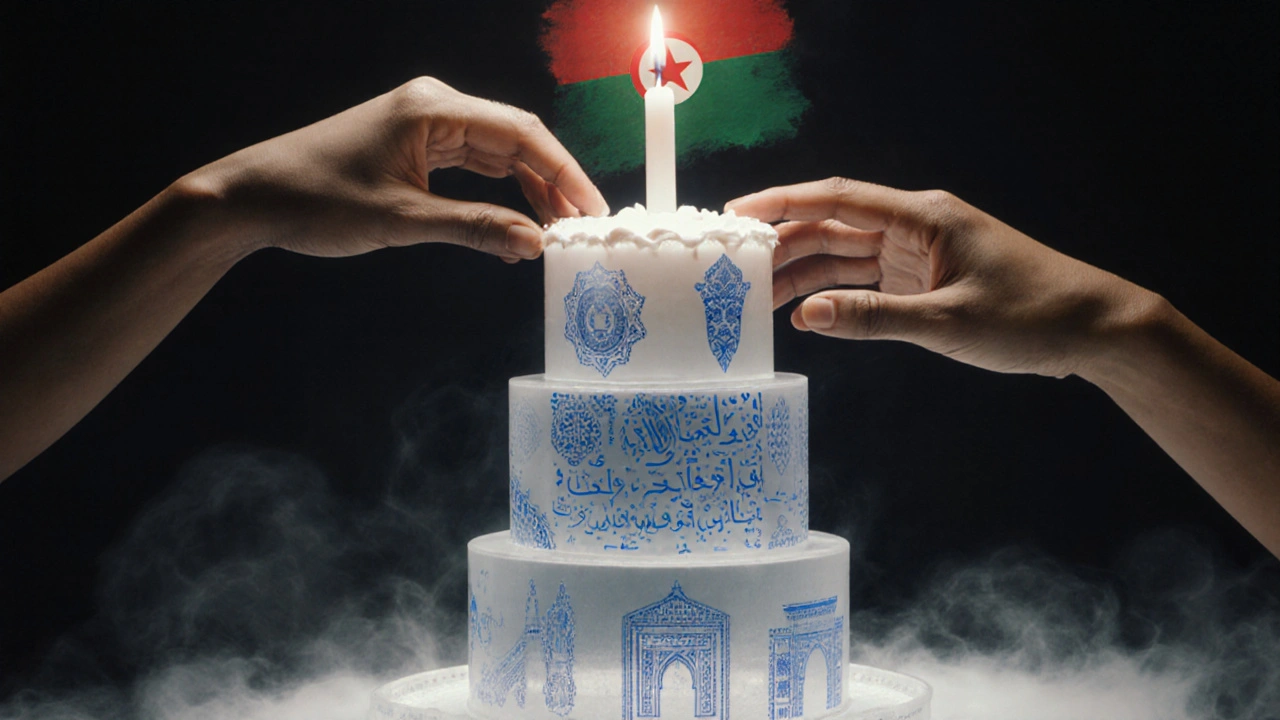 Gâteau symbolique des héritages algériens : amazigh, arabe, touareg et français, avec des mains déposant une bougie.