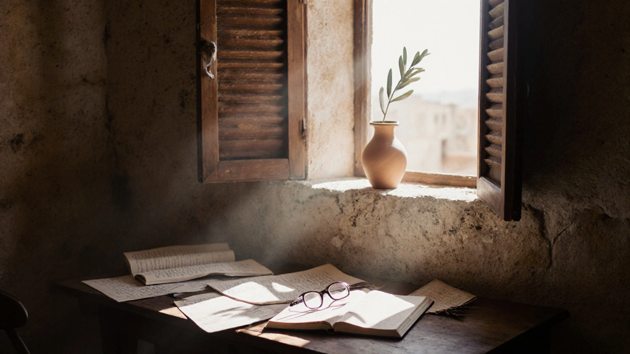 La maison de Mouloud Feraoun à Ighil Imoula, avec des manuscrits sur un bureau et la lumière du jour qui entre.