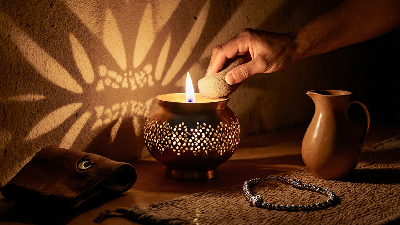 Lampe en cuivre ornée de motifs islamiques projetant des ombres délicates sur un mur de pisé.