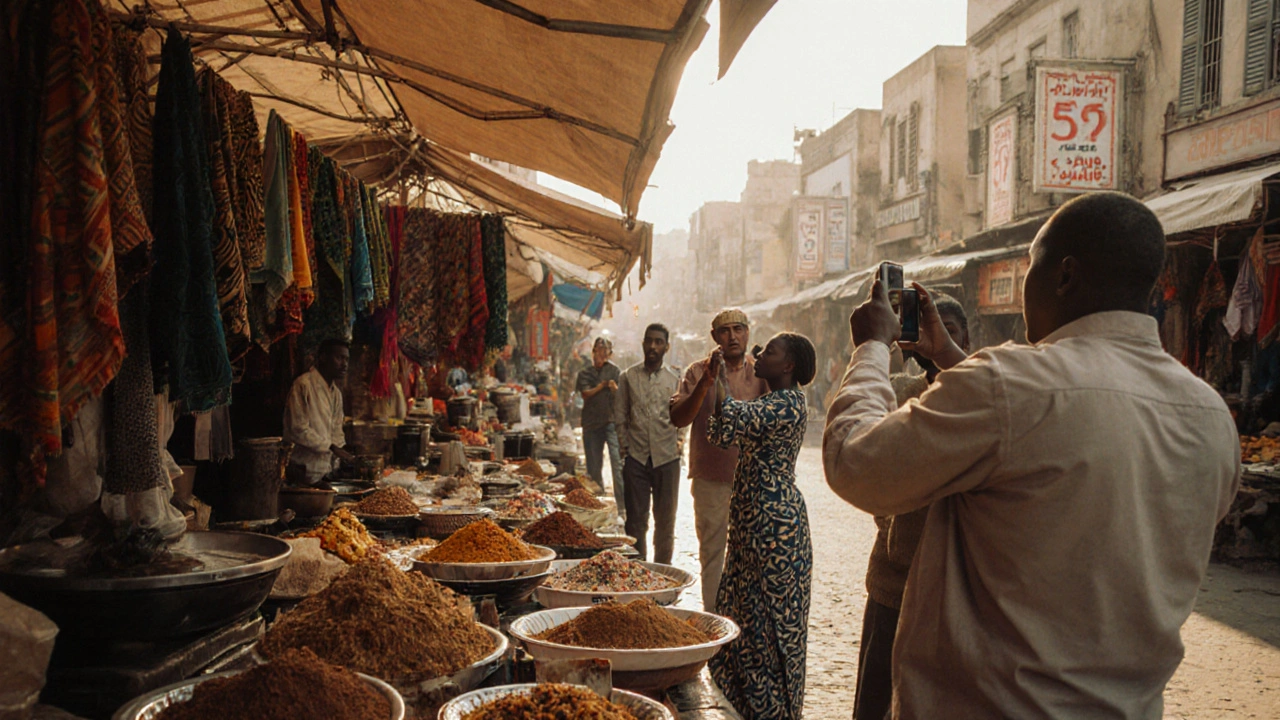 Marché animé d&#039;Oran avec des produits d&#039;Afrique de l&#039;Ouest et des visiteurs internationaux.