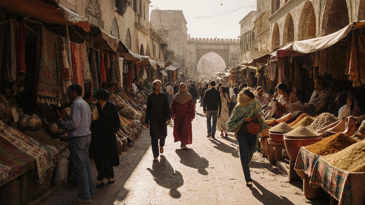 Marché animé en Algérie avec tissus amazighs, épices et bâtiments historiques, sous la lumière du midi.