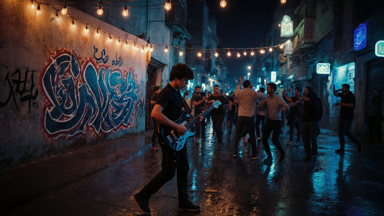 Musicien de raï jouant en ville, avec des graffitis et une foule dansante sous des lumières néon.